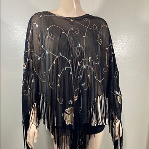 Embroidered Black Fringe Poncho